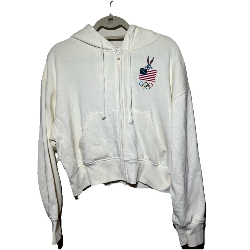 Looney Tunes x Team USA Sweatshirt Women XL‎ Olympics Full Zip Hooded Cream EUC